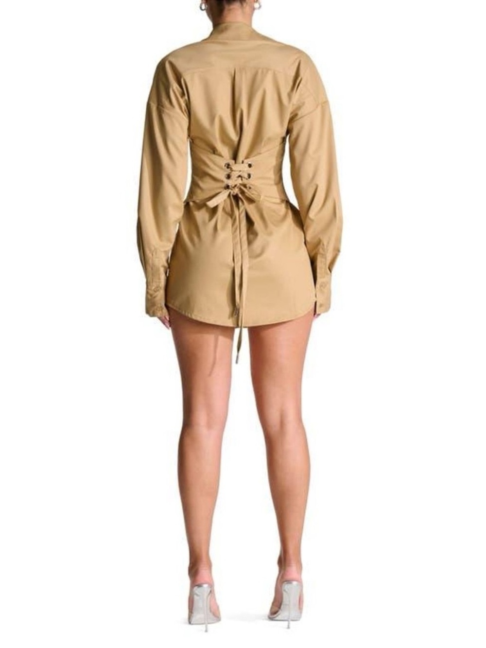 naked wardrobe Camel Corset-Back Mini Shirt Dress